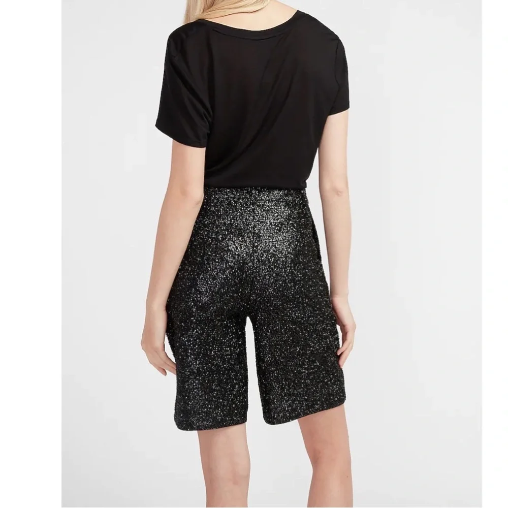 NWT EXPRESS High Waisted Sequin Bermuda Shorts SZ-2 BLACK